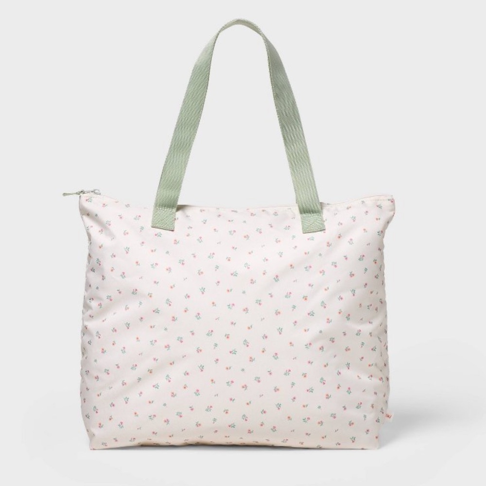Everyday Floral Tote Bag - White with Sage Handles